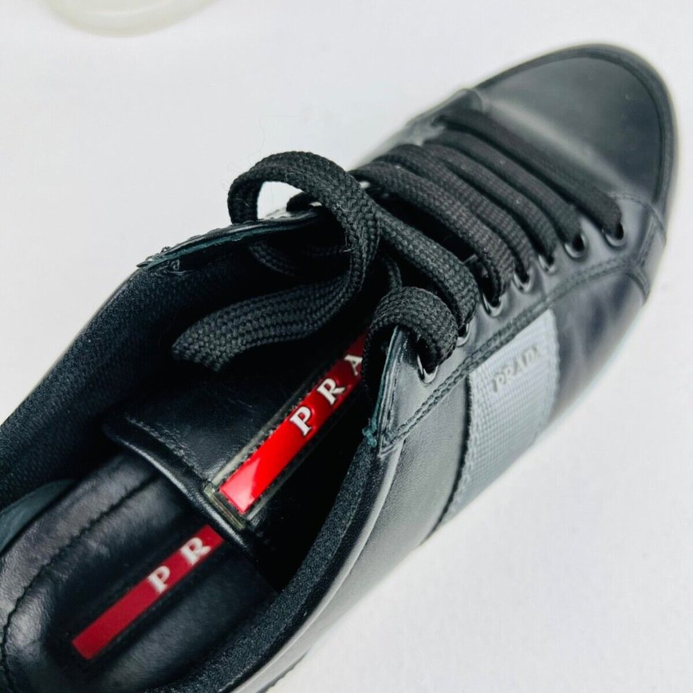 Prada Black Leather Low Top Red Line Logo Chunky Classic Trainers UK 7 - Picture 8 of 12